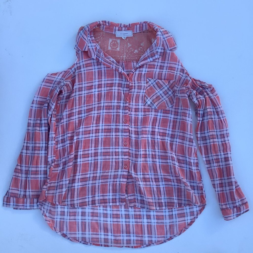 No Comment Pink Plaid with Lace Back and Front Pocket Half Sleeve Button Up Tank